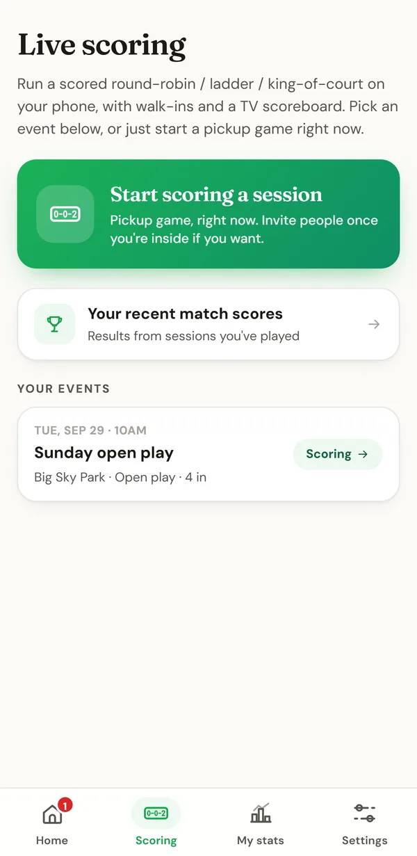 The Scoring tab in the player app: start scoring a session, recent match scores and your events.