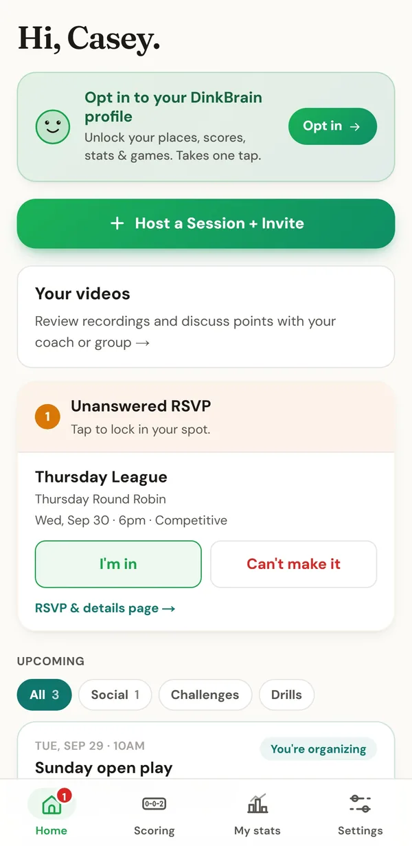 A player's home screen in DinkBrain: an RSVP to answer, upcoming games and a button to host a session.