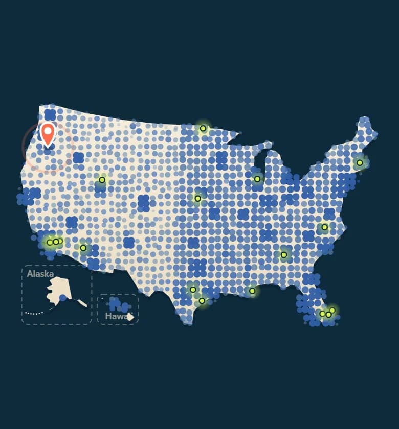The Dink Tycoon national map: the United States covered in dots, one for each place, with a pin on Oregon.